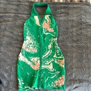 Green Halter Bodycon Button-Front Dress with Abstract Print